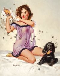 1950s 1957 1girls 20th_century 50s areolae bed big_breasts breasts canine dog domestic_dog earrings feathers female female_only gil_elvgren kneeling lipstick looking_at_viewer nightie original pillow pinup pinup_girl realistic see-through solo straight_hair thin_waist vintage