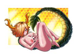 1girls 2022 artist_name big_breasts blonde_hair completely_nude completely_nude_female dated dragon_girl dragon_tail evil_smile hair_over_one_eye horns kicchou_yachie looking_at_viewer lying nipples noldvano nude on_back red_eyes scales seductive_look seductive_smile shell short_hair skull solo solo_female tail touhou