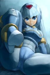 1girls 2016 abs android bodysuit cameltoe fairy_leviathan helmet leg_lift long_gloves looking_at_viewer mega_man mega_man_zero rati_(absoluteblue) robot_girl smile solo_female thighs