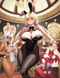 3girls blonde_hair bunny_ears bunnysuit dark-skinned_female dark_skin demon demon_girl demon_horns demon_tail demon_wings elf elf_female mikeymegamega multiple_girls red_skin tagme white_hair