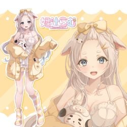 angel animal_ears blue_eyes breasts cardigan choker collarbone crying droopy_ears female highres hitsuji_rum horns huge_breasts kneehighs lace lapislive light_smile over_shoulder pajamas ring_of_angels sa_ya sheep sheep_ears sheep_horns shoulder socks thick_eyebrows white_choker