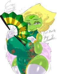 1girls 2d big_breasts blonde_hair breasts busty clothing cross_samax dress fan female female_only gem_(species) gloves green-skinned_female green_skin huge_breasts large_breasts looking_at_viewer peridot_(steven_universe) shortstack smile solo steven_universe thick_thighs thighhighs wide_hips