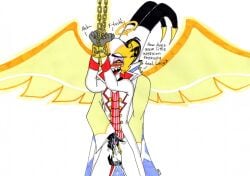 2boys adam_(hazbin_hotel) anal_fingering anal_masturbation angel blush bondage bound chains cum dialogue duo halo hazbin_hotel horns lucifer_morningstar_(hazbin_hotel) male male/male masturbation partially_clothed penis skeleslay wings yellow_eyes