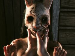 1boy 1boy1girl 1girls 3d dbd dead_by_daylight finger_in_mouth horror imminent_fingering looking_at_viewer mask masked_female nightmare_waifu tagme the_huntress_(dead_by_daylight) word2