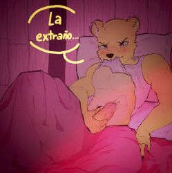 bear bed coco_(unicorn_wars) cum dick furry furry_only male male_only masturbation pillow pink_background pink_penis simple_background unicorn_wars wgguus yellow_body