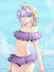 1boy ahoge aster_arcadia bare_midriff bare_shoulders belly_button bikini ear_piercing exposed_shoulders exposed_torso femboy frilled_bikini frills hair_accessory hi_res highres looking_at_viewer midriff ms7122ms navel nijisanji nijisanji_en purple_hair solo solo_focus solo_male star_hair_ornament swimsuit swimwear two_tone_hair virtual_youtuber yellow_hair