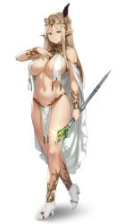 armlet bare_shoulders big_breasts blonde_hair breast_curtains breasts cape cleavage closed_mouth elf elf_female female female_only full_body green_eyes hair_between_eyes halterneck heels high_heels holding houtengeki houtengeki's_elf_girl large_breasts lily_(houtengeki) lily_relium loincloth long_hair looking_at_viewer navel original pelvic_curtain pointy_ears scepter simple_background solo staff standing thighs very_long_hair white_background