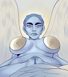 1girls angel_wings big_breasts blue_eyes blue_skin breasts busty character_request clitoris digitalhtoy female female_focus female_only hourglass_figure nude nude_female nudity pasties pubes pubic_hair pussy tagme vagina wide_hips wings