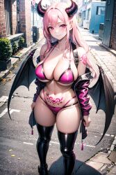 1girls 2023 ai_generated ai_hands anime_nose bangs big_breasts bikini cleavage clothed_female curvaceous curvy_body curvy_female curvy_figure demon demon_girl female female_focus female_only hair_between_eyes hi_res horned_female horned_humanoid horns hourglass_figure jacket jacket_partially_removed large_breasts latex latex_thighhighs leather_boots leather_jacket leather_straps long_hair looking_at_viewer original pink_bikini pink_eyes pink_hair pubic_tattoo purple_bikini purple_eyes seductive_look sidelocks sole_female solo_female stable_diffusion street street_view succubus succubus_costume succubus_horns succubus_tattoo succubus_wings tattoo_on_arm thighhigh_boots voluptuous voluptuous_female wings