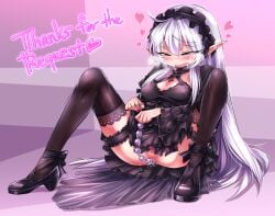 anal_beads anus bangs black_dress black_footwear black_hairband black_thighhighs blush breasts breath censored cleavage commentary_request commission covered_nipples cross dress drooling english_commentary female frilled_hairband frills full_body gothic_lolita green_eyes grey_hair hairband half-closed_eyes heart high_heels lace-trimmed_thighhighs lolita_fashion looking_down medium_breasts mixed-language_commentary mosaic_censoring open_mouth original pointy_ears pussy sex_toy shimizu_pem skeb_commission smile solo thighhighs white_hair