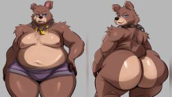 1boy 2023 anthro anthro_only baby_bear baby_bump bear big_ass big_belly big_butt brown_bear brown_fur chubby chubby_anthro chubby_male completely_naked completely_naked_male completely_nude completely_nude_male dreamworks front_and_back fur furry furry_only grey_background hand_on_hip huge_ass looking_back male male_only mammal mammal_humanoid naked nathanatwar necklace nude nude_male puss_in_boots_the_last_wish round_ass shorts simple_background solo solo_male thick thick_ass thick_legs thick_thighs torn_ear whateverdoes