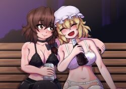 big_breasts blonde_hair brown_hair exhibitionism hat lesbian lingerie maribel_hearn noldvano park_bench renko_usami touhou