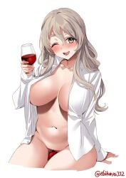 alcohol bangs blush breasts brown_eyes collarbone collared_shirt cropped_legs cup dress_shirt drinking_glass ebifurya female grey_hair hair_between_eyes highres holding holding_cup kantai_collection large_breasts long_hair long_sleeves looking_at_viewer midriff naked_shirt navel one-hour_drawing_challenge one_eye_closed open_clothes open_shirt pola_(kantai_collection) shirt simple_background smile solo teeth thighs twitter_username upper_teeth_only wakamezake white_background wine wine_glass