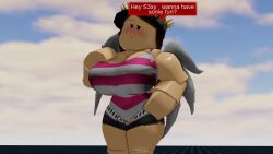 1girls 3d amy_(roblox_model) angel_wings big_breasts blush breasts brown_hair busty chat_box hat pink_shirt pinkishpinkas roblox robloxian short_hair shorts