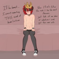 1girls burger_king crown english_text flat_chest horns nipples pepper_wentz red_eyes red_hair strip_game topless unholyspicy virtual_youtuber