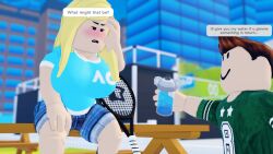 1boy 1girls 3d big_breasts blonde_hair bottle breasts brown_hair green_shirt outside pinkishpinkas roblox robloxian shorts sitting_on_bench sweating tennis_racket