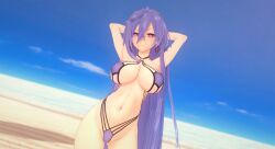 1girls 3d armpits arms_behind_head arms_up beach big_breasts confident cpu_(neptunia) earrings female_only goddess iris_heart light-skinned_female neptunia_(series) pink_eyes plutia power_symbol-shaped_pupils presenting purple_bikini purple_hair seductive_look shiny_breasts solo straight_hair string_bikini thick_thighs v-shaped_eyebrows very_long_hair