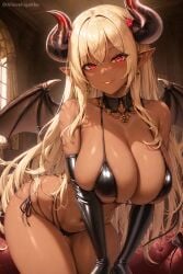 1girls ai_generated ai_love_higokko bikini blonde_hair blush breasts brown_skin cleavage demon demon_girl female gyaru hi_res holaraai horns huge_breasts indoors long_hair naughty_face original original_character red_eyes smile succubus tan tan-skinned_female tanned_skin thick_thighs thighs underwear voluptuous watermark wide_hips winga