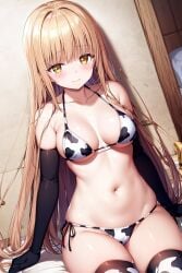 1girls ai_generated bikini blonde_hair cow_bikini cow_swimsuit curvaceous curvy_body curvy_female curvy_figure female female_focus female_only highres legwear long_hair mahiru otonari_no_tenshi-sama_ni_itsu_no_mani_ka_dame_ningen_ni_sarete_ita_ken seductive_look shiina_mahiru small_breasts stable_diffusion