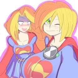 2023 2girls ben_10 ben_tennyson big_breasts blonde_hair breast_envy cartoon_network crossover dc dc_comics female female_ben female_only fully_clothed genderswap genderswap_(mtf) green_eyes huge_breasts kara_zor-el kryptonian maskrayx rule_63 supergirl superheroine superman_(series) tagme