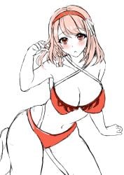 1girls alternate_costume bare_legs bikini braid breasts cleavage female female_only fire_emblem fire_emblem_engage kneeling lapis_(fire_emblem) large_breasts legs looking_at_viewer medium_hair nintendo pink_hair red_bikini red_eyes red_swimsuit solo swimsuit tara_(szzj7733)