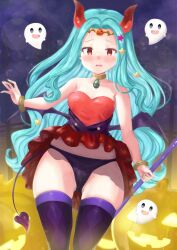 1girls blue_hair blush breasts ghost horns long_hair medium_breasts panties puyo_puyo puyo_puyo_quest red_eyes skirt skirt_lift stockings thick_thighs thighs yui_(msy1302mana)