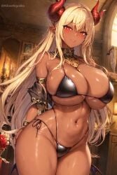 1girls ai_generated ai_love_higokko bikini blonde_hair blush breasts brown_skin cleavage demon demon_girl female gyaru hi_res holaraai horns huge_breasts indoors long_hair naughty_face original original_character red_eyes smile succubus tan tan-skinned_female tanned_skin thick_thighs thighs underwear voluptuous watermark wide_hips winga