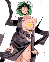 1girls davecavedraws female female_only green_hair large_breasts one-punch_man one_breast_out short_hair solo standing taped_nipples tatsumaki torn_clothes white_background x_pasties