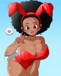 1girls afro barely_contained big_breasts black_hair breasts brown_eyes bunny_ears bunny_tail bunnysuit bursting_breasts cleavage curvaceous curvy dark-skinned_female dark_skin dragon_ball dragon_ball_super dragon_ball_super_super_hero dragon_ball_z female female_only hairband hand_gesture headband heart huge_breasts k_kyandi large_breasts lipstick motion_lines mouth_open peace_sign rulah_(dragon_ball) sidelocks smile speech_bubble standing thick_thighs