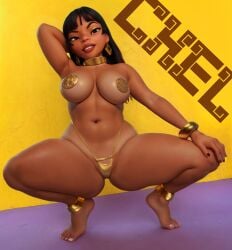 1girls 3d barely_clothed big_breasts chel collar crisisbeat dark-skinned_female earrings female female_only gold_(metal) gold_anklet gold_bracelet gold_collar gold_earrings gold_jewelry latina looking_at_viewer solo squatting tan_lines the_road_to_el_dorado