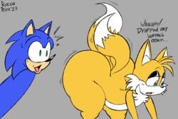 2_tails anthro ass big_ass canid canine fat femboy fox fur hedgehog huge_ass male male_only motion_lines multi_tail roccorox sega sirroccorox sonic_(series) sonic_the_hedgehog tails text thick_thighs video_games wide_hips