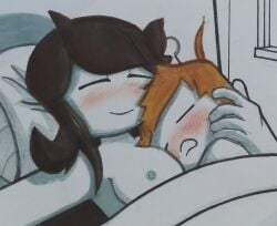 aged_up blush carrotlord cuddling head_in_cleavage head_on_breasts hugging jaiden jaiden_animations scarf_boy sleeping wholesome youtube youtuber