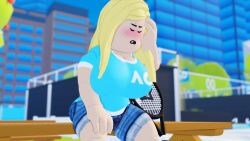 1girls 3d big_breasts blonde_hair breasts outside pinkishpinkas roblox robloxian shorts sitting sitting_on_bench sweating tennis_racket