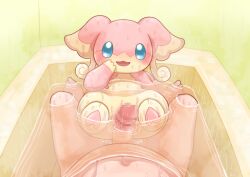 anthro audino bathroom blue_eyes blush censored duo elonga female first_person_view generation_5_pokemon genitals human human_pov looking_at_viewer male male/female male_pov mammal mosaic_censorship nintendo nude penis pink_body pokemon pokemon_(species) yellow_body