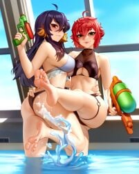 2girls ass big_breasts butt curvaceous curves curvy curvy_body curvy_female curvy_figure curvy_hips feet female female_focus female_only foot_fetish greek_toe green_eyes holding_each_other kairuhentai kairunoburogu long_hair lusa medium_breasts pale_skin pool pose posing red_eyes red_hair short_hair slim_waist small_waist soles swimsuit thick thick_ass thick_thighs toes toes_spread tongue tongue_out tongue_piercing two_tone_hair water_gun water_splash yellow_hair