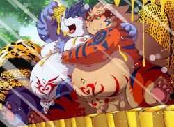 anthro balls belly blue_body blue_fur blush canid canine canis chibineco claws countershading detailed_background duo eating embrace fangs felid flaccid food fur genitals hand_on_shoulder hi_res honey_(food) honeycomb hug male male/male mammal moobs navel nipples nude orange_body orange_fur overweight overweight_anthro overweight_male pantherine paws penis pregnant pregnant_male sitting smile spread_legs spreading stripes teeth tiger wolf