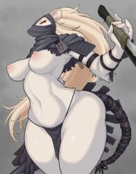 blonde_hair breasts clawed_fingers claws furry furry_ears furry_tail ink-eyes magic_the_gathering mask ninja ninja_mask nipples rat rat_girl rat_humanoid ratfolk red_eyes tail tokumori_kaisen white_fur wide_hips