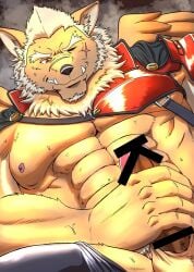 anthro canid genitals hair hi_res male male_only mammal marchosias_(tokyo_afterschool_summoners) masturbation muscular muscular_male nipples one_eye_closed penile penile_masturbation penis run_aki simple_background solo tokyo_afterschool_summoners white_hair