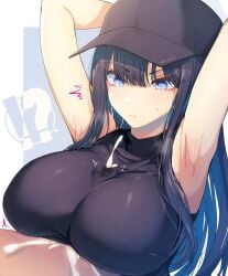 !? 1boy armpit_pose armpits arms_behind_back arms_behind_head arms_up baseball_cap black_hair black_headwear black_shirt blue_archive blue_eyes blue_hair breasts closed_mouth clothed_paizuri cum cum_in_clothes cum_through_clothes ejaculation female hair_between_eyes hat highres large_breasts long_hair multicolored_hair paizuri paizuri_flux paizuri_under_clothes projectile_cum ruined_orgasm saori_(blue_archive) shirt showing_armpits solo_focus straight two-tone_hair uko_magi