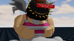 1boy 1girls 3d amy_(roblox_model) angel_wings anon blowjob boobjob brown_hair chat_box hair hat paizuri pink_shirt pinkishpinkas roblox robloxian short_hair titfuck titjob