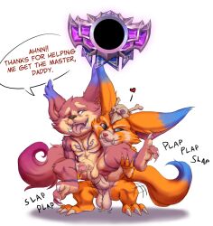 anal anal_sex anthro balls claws clenched_teeth dialogue duo fan_character fennephilim_fox from_behind_position fur genitals gnar heart hi_res holding_both_legs holding_partner league_of_legends legs_up male male/male motion_lines multicolored_body multicolored_fur one_eye_closed onomatopoeia open_mouth orange_body orange_fur penetration penis red_body red_fur riot_games sex sound_effects spread_legs spreading standing standing_sex tattoo teeth text toe_curl tongue tongue_out yordle