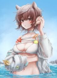 1girls 2020s 2023 animal_ears arknights artist_request bangs belly bikini blue_sky blush breasts brown_eyes brown_hair choker cleavage jacket large_breasts long_sleeves looking_at_viewer midriff navel off_shoulder outdoors outside roberta_(arknights) shell short_hair solo water wet wet_clothes