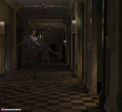 1boy 1girls 2022 3d alice_in_wonderland alice_liddell blonde_hair blue_dress braided_twintails candles chandelier chasing collared_shirt dark doors dream hallway hbait2 holding_object mansion march_hare panties_riding_up pink_panties rabbit running scared slushe_(website) striped_thighhighs tagme tile_floor tiles trying_to_escape white_fur