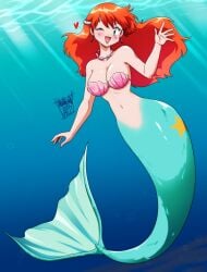 1girls aqua_eyes blue_tail blush danmakuman female female_only hair jpeg kasumi_(pokemon) large_breasts long_hair mermaid orange_hair pokemon seashell_bra signature solo underwater water wink