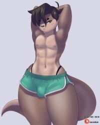 2023 3:4 abs anthro anthro_only bottomwear bulge clothed clothing digital_media_(artwork) hands_behind_head hi_res male male_only mammal mr-shin mustelid nipples otter patreon patreon_logo river_otter shin_(mr-shin) solo thick_thighs thong_above_shorts thong_straps topless topless_anthro topless_male wide_hips year