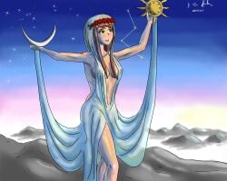 azura_(elder_scrolls) breasts constellation daedric_prince doki_doki_literature_club goddess green_eyes hood legs midriff monika_(doki_doki_literature_club) nipples_visible_through_clothing pose robe see-through_dress shiny_skin stars sunrise the_elder_scrolls