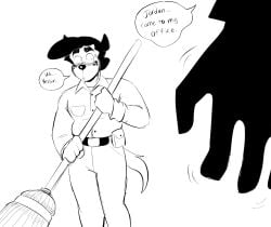 anthro blush broom chimera cleaning_tool duo hi_res imminent_sex janitor jerry_(jordo) jordanwolfie jordo_(artist) male speech_bubble text