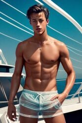 3d 3d_(artwork) abs ai_generated cameron_dallas gooeyvision instagram_model internet_personality looking_at_viewer male male_only muscles muscular muscular_male ocean on_boat outdoors outside pecs real_person shirtless_male smooth_chest smooth_skin