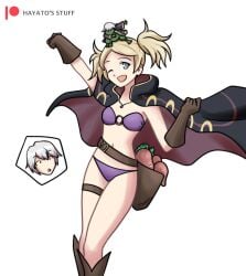 1boy 1girls alternate_costume belt bikini blonde_hair boots breasts cosplay female fire_emblem fire_emblem_awakening fire_emblem_heroes frog frogsona gloves grey_eyes hayato_stuff highres lissa_(fire_emblem) medium_hair navel nintendo o-ring o-ring_bikini purple_bikini purple_swimsuit robe robin_(fire_emblem) robin_(fire_emblem)_(cosplay) robin_(fire_emblem)_(male) short_hair small_breasts strapless strapless_bikini swimsuit twintails