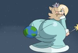 1girls ass ass_in_dress big_ass big_butt brappycatty bubble_butt crouching dress earth female female_only giant giant_ass giantess macro mario_(series) nintendo planet princess princess_rosalina solo space sunniefunnie super_mario_galaxy